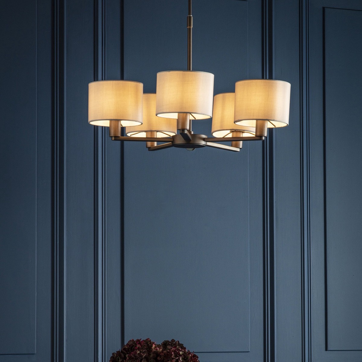 73017 Daley 5 Light Pendant Dark Antique Bronze Silk Shades