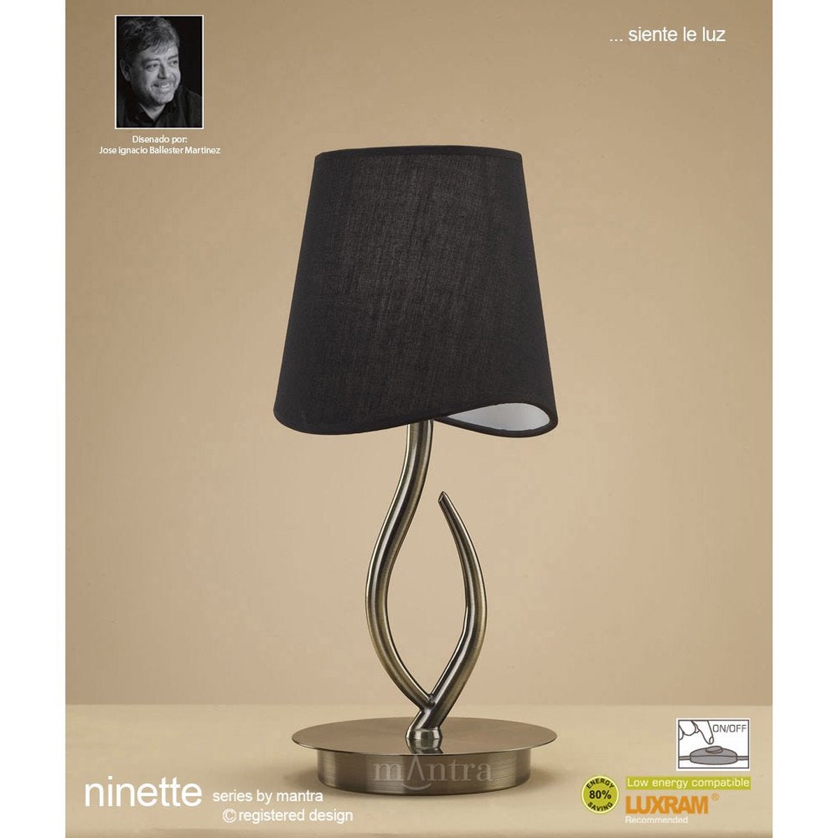 M1925/BS Ninette Table Lamp 1 Light E14 Small Antique Brass Black Shade