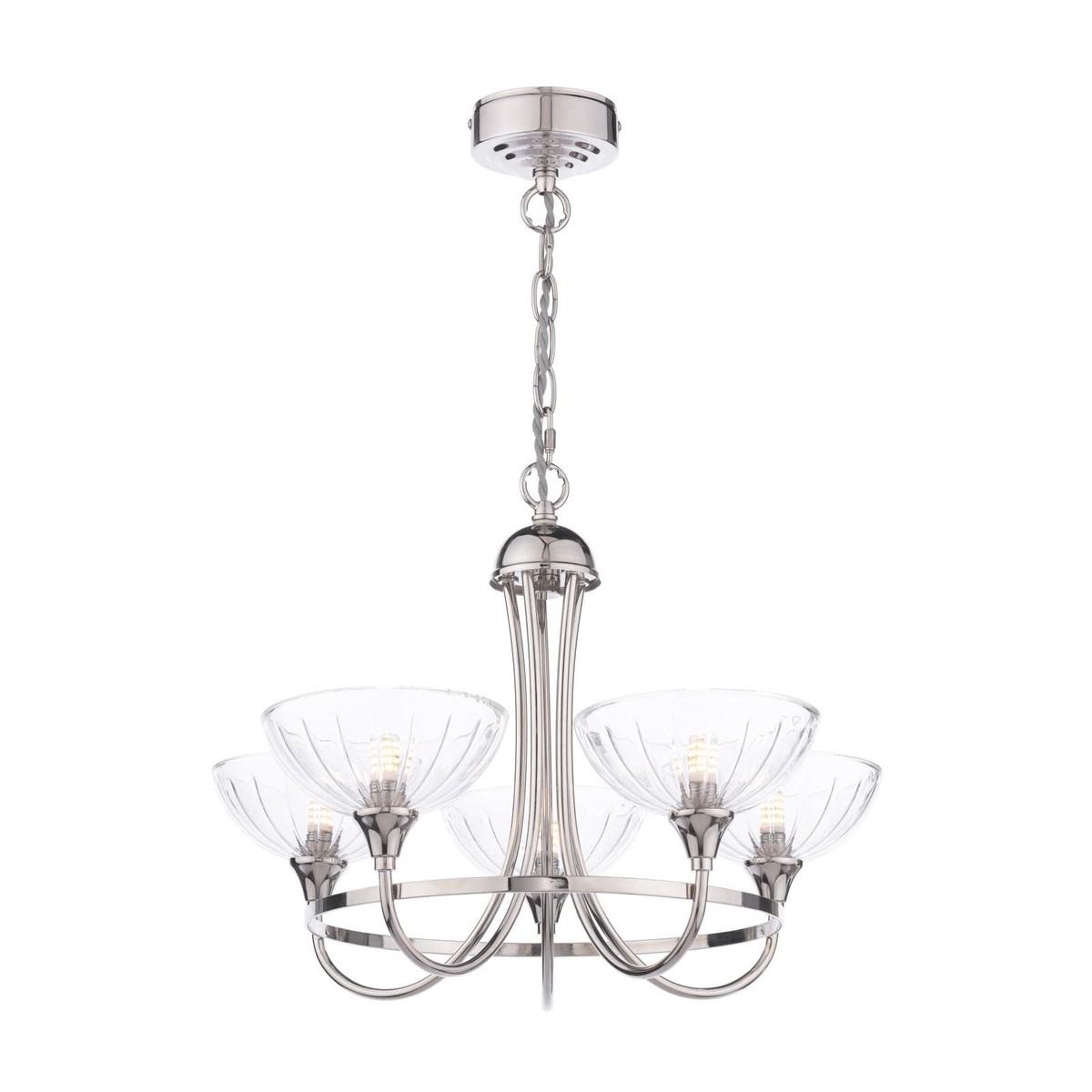 Wellham 5 Light Armed Pendant- Polished Nickel/Antique Brass and Ribbed Glass