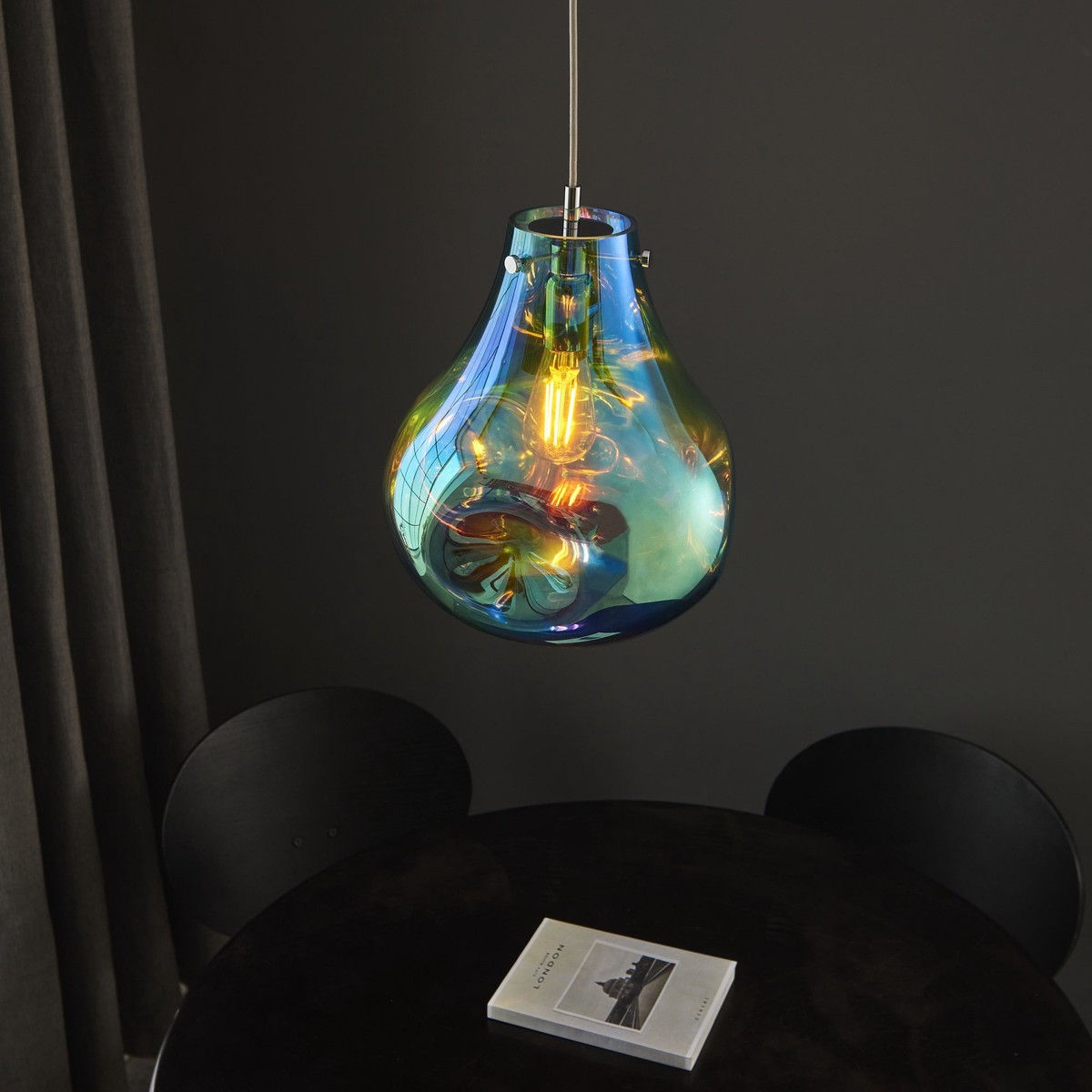 99791 1 Light Pendant Petrol Metallic Glass & Chrome Plate