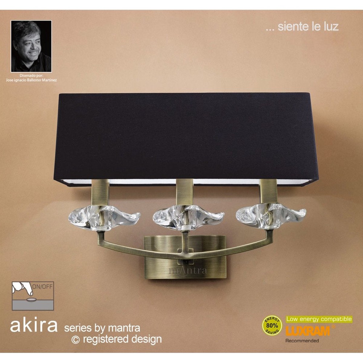 M0788AB/S/BS Akira Wall Lamp Switched 3 Light E14 Antique Brass Black Shade