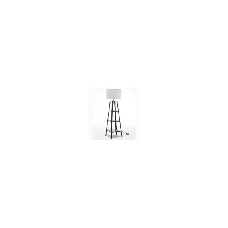 Matte Black Rubberwood Lamp with 3 Square Shelves and Off White Linen Shade