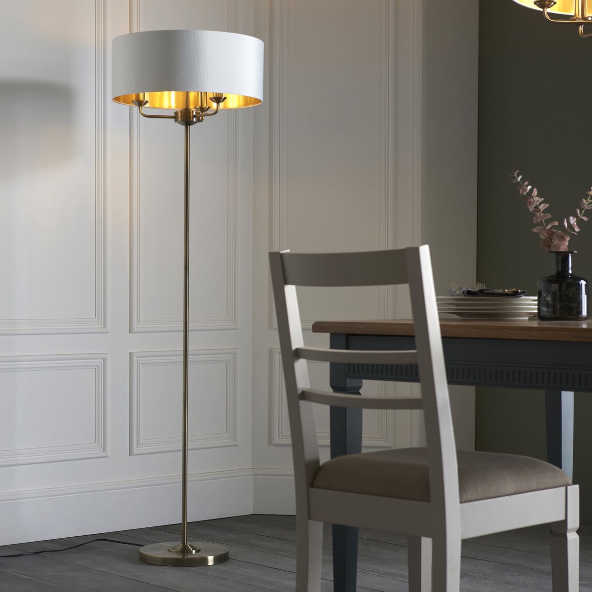 98935 Highclere 3 Light Floor Lamp Antique Brass Plate & Vintage White Fabric