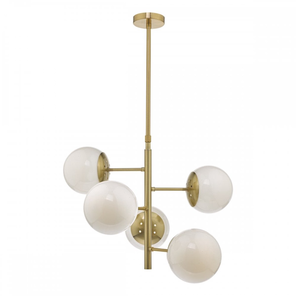 Dar BOM0535 Bombazine 5 Light Pendant Natural Brass Opal Glass