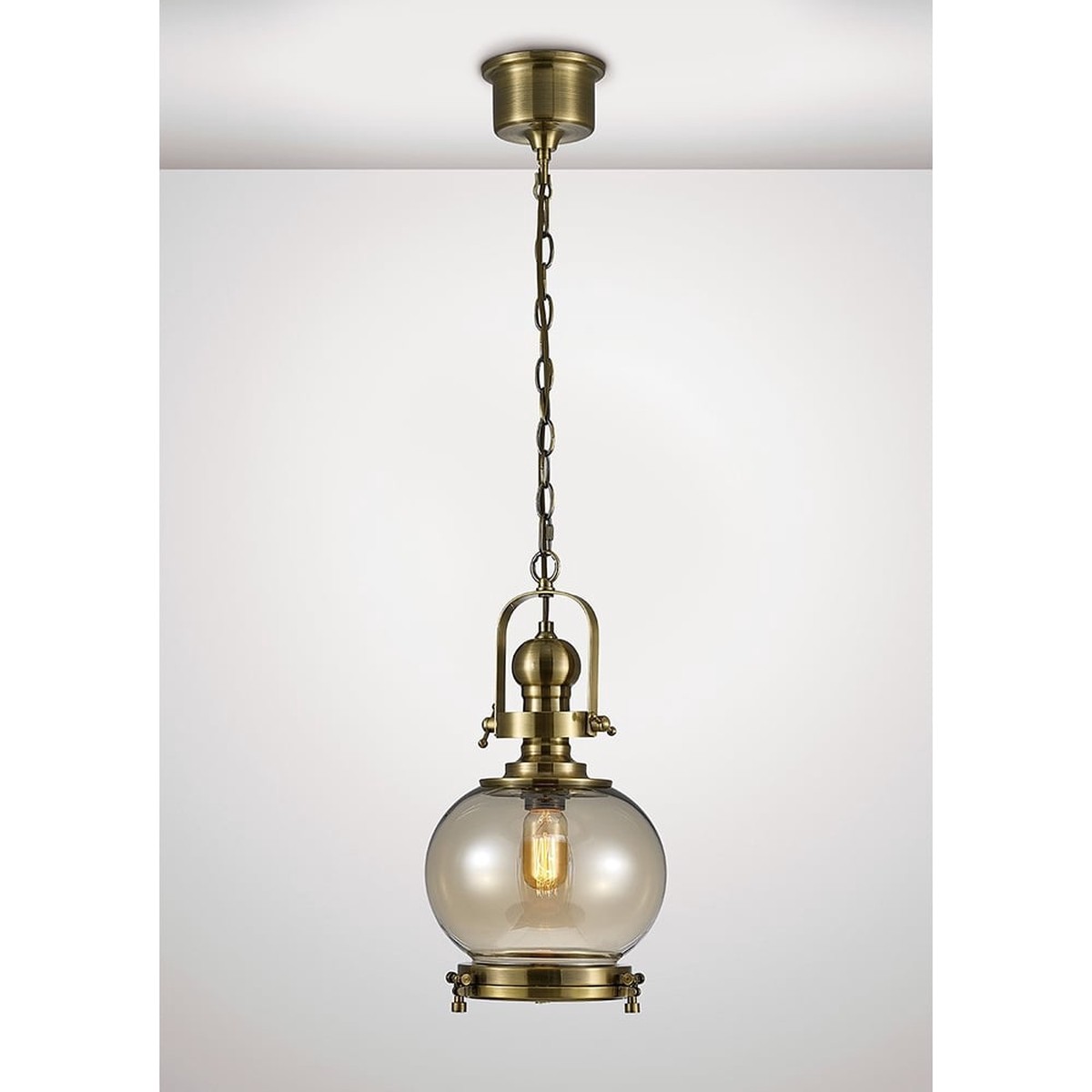 Diyas IL31596 Riley Single Small Ball Pendant Brass/Cognac Glass
