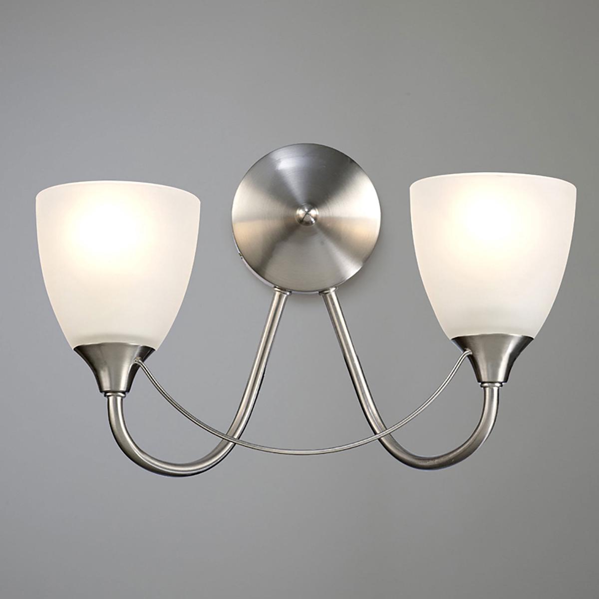 Cooper Two Arm Wall Light in Satin Nickel with Opal White Shades