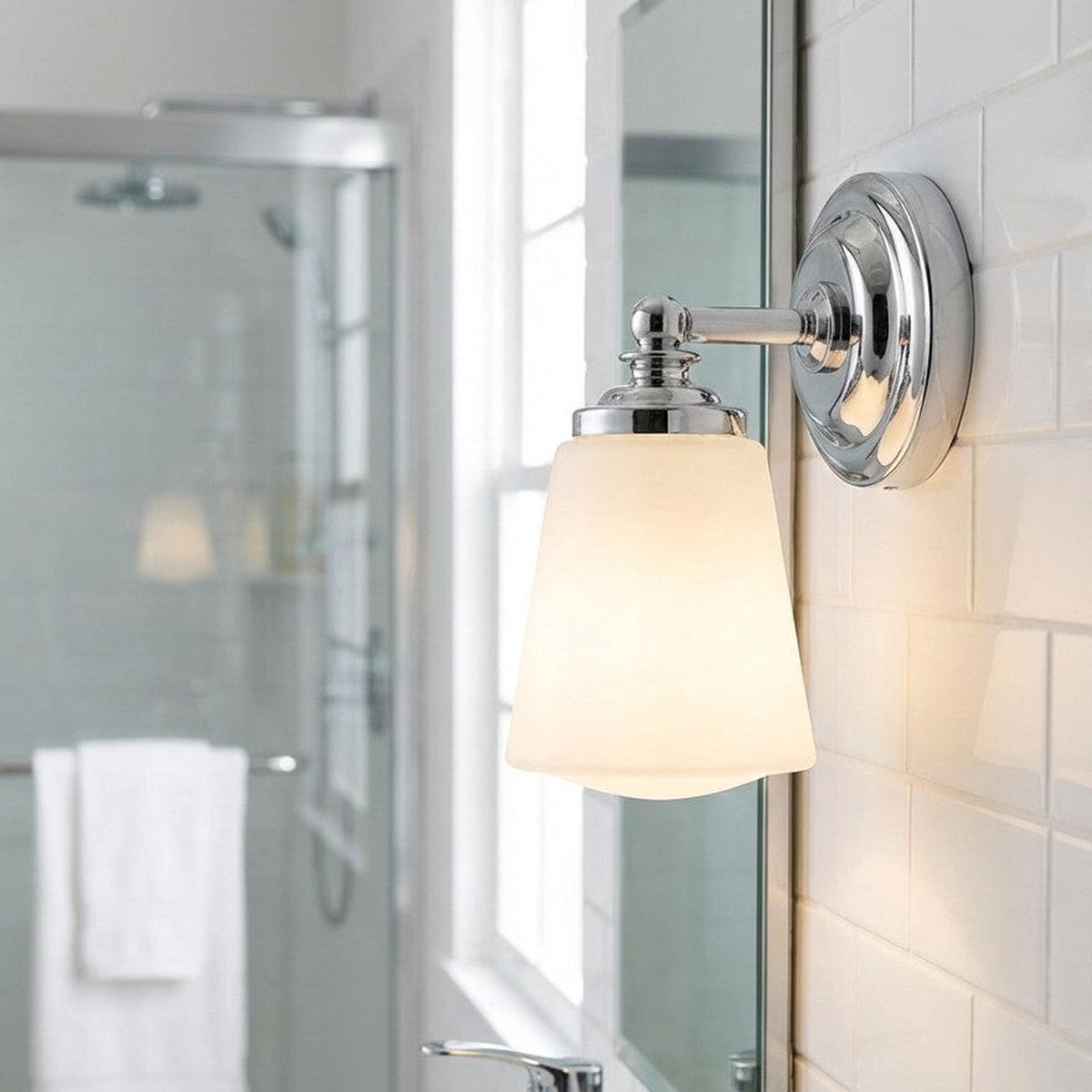 Ocean IP44 Bathroom Wall Light in Chrome with Opal White Glass Shade