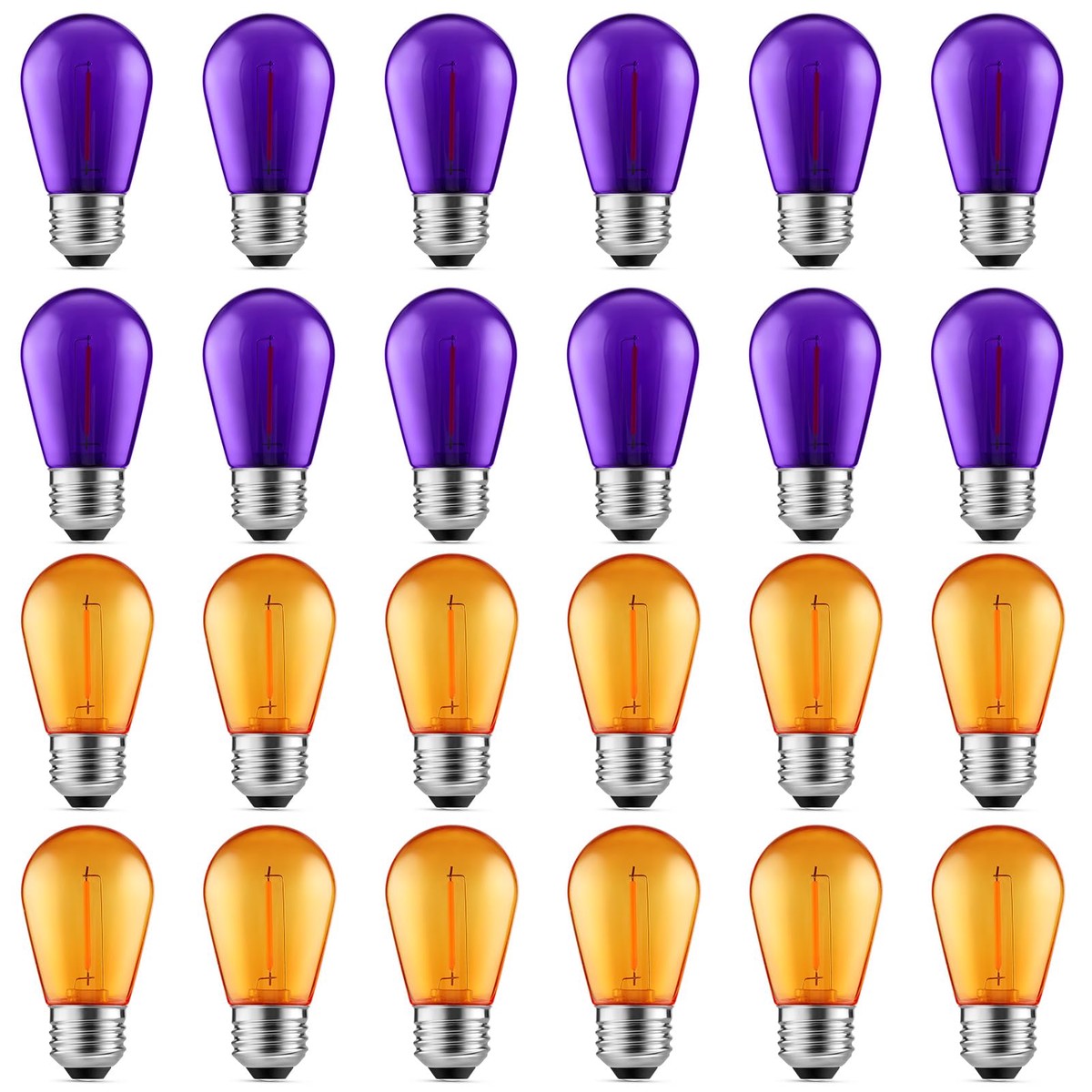 Meconard 24-Pack LED Light Bulbs, 1W Shatterproof Waterproof, Purple Orange, E26 Base for Indoor/Outdoor Use, Model MS141WOP24P
