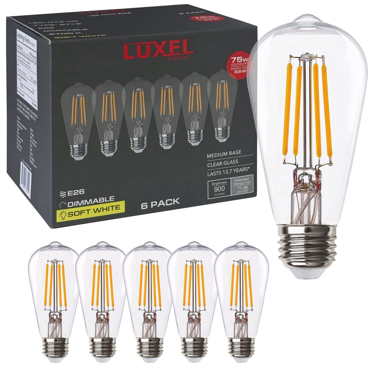 Vintage LED Edison Bulbs ST19 (ST64) – 8.8W Equivalent 75W – Dimmable High Brightness Soft White 2700K Antique LED Filament Bulb