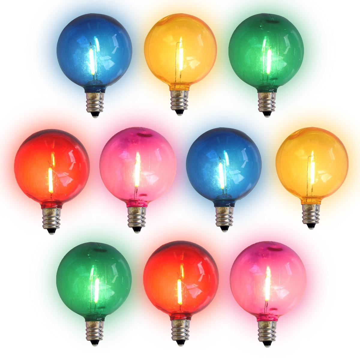 10-PACK Multi-Color LED Filament G50 Globe Shatterproof Energy Saving Color Light Bulb, Dimmable, 1W, E12 Candelabra Base