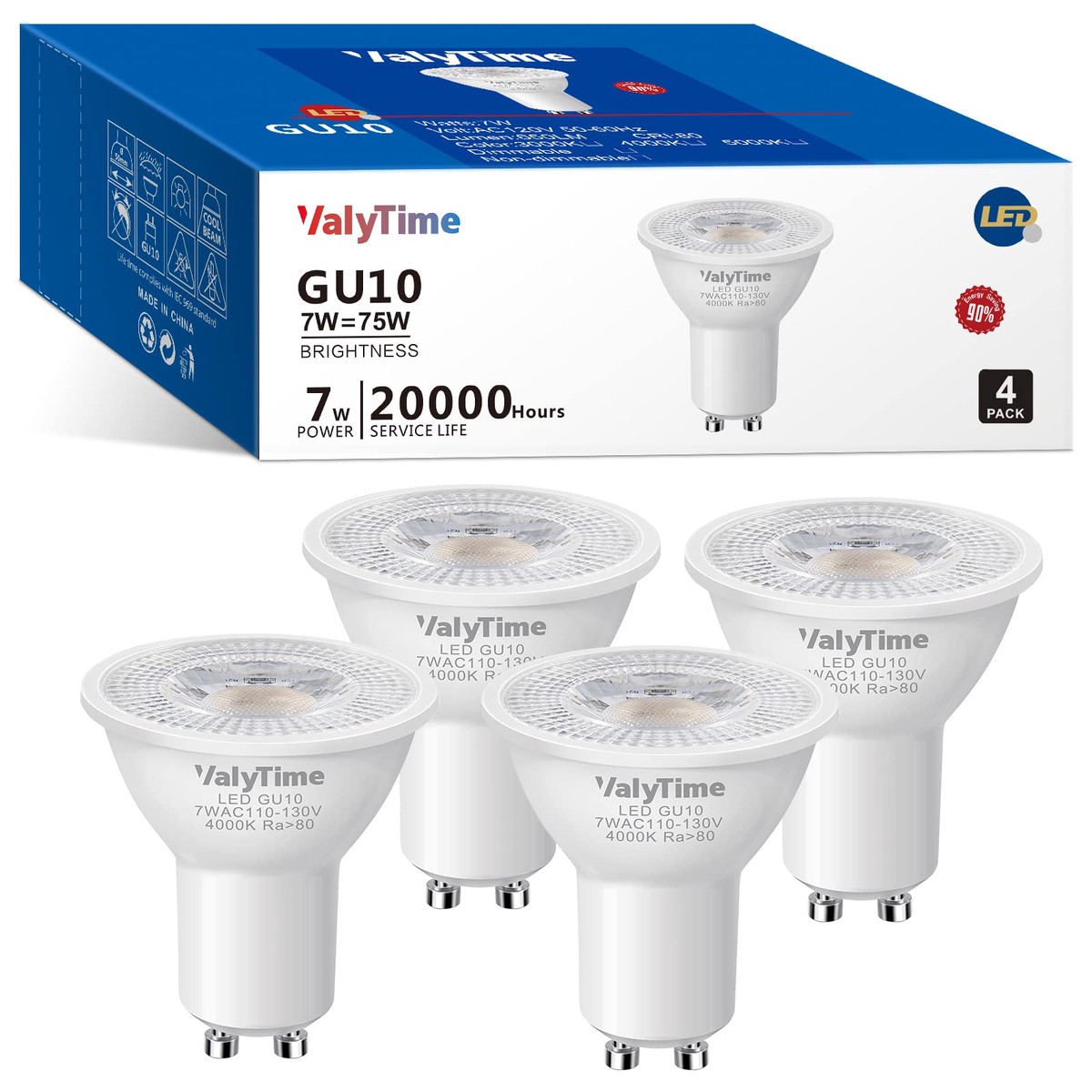 Valytime GU10 LED Light Bulbs 7W 4000K Natural White 4 Pack Halogen Replacement for Track Spot Lighting