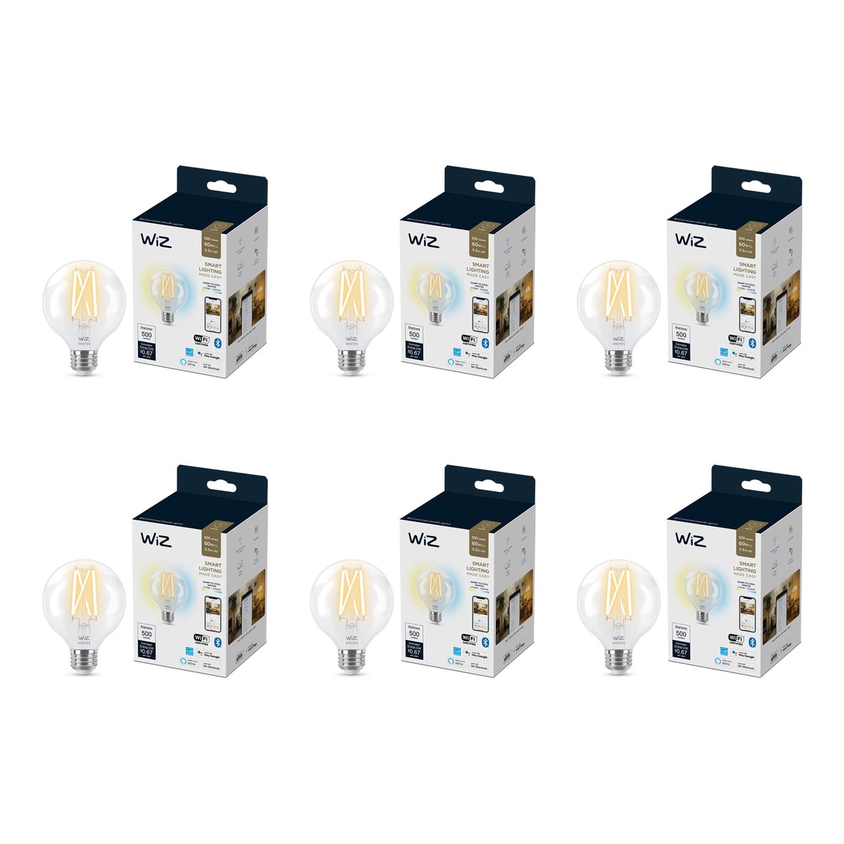 Wiz Clear 60W G25 Tunable White Led Smart Bulb – 6 Pack, Voice/App Control, Wi-Fi, Motion